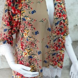 Floral Lace Trim Kimono Cardigan - Beige with Red & Blue Flowers